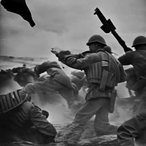 Prompt: Hank Hill storming Omaha Beach, epic, WWII, 1940s photo, cinematic, highly detailed, gritty, combat, sharp focus, closeup