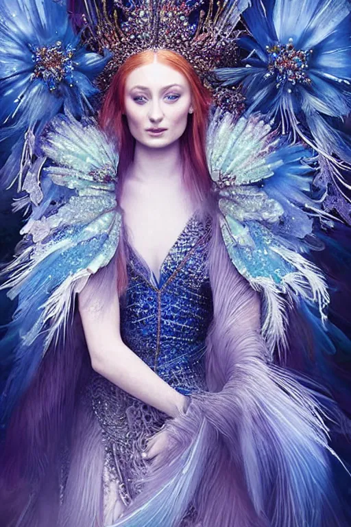 Prompt: sophie turner wearing blue dress covered in ice and diamonds and acid feathers, fantasy, highly detailed, concept art, cinematic lighting, hyperrealistic illustration, smooth glowing skin, glistening body, ornate headpiece made from flowers, glamour shot, by yoshitaka amano art by wlop, by ruan jia, by peter mohrbacher