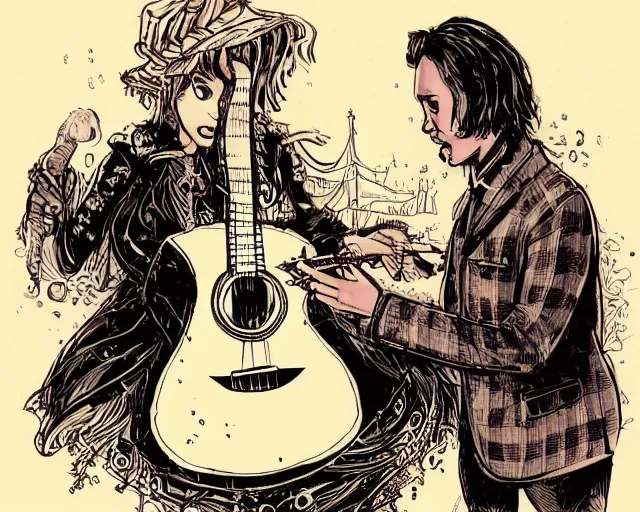 Prompt: the lady of the lake giving frank dillane a guitar, fantasy, by brian kesinger, detailed