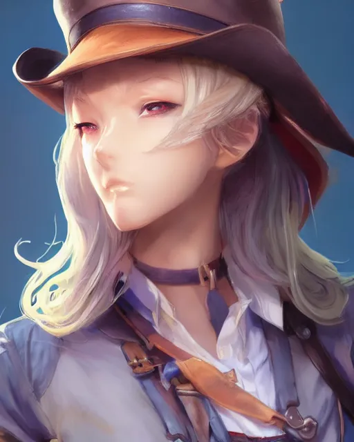 Image similar to character concept art of an anime cowgirl | | cute - fine - face, pretty face, realistic shaded perfect face, fine details by stanley artgerm lau, wlop, rossdraws, james jean, andrei riabovitchev, marc simonetti, and sakimichan, tranding on artstation