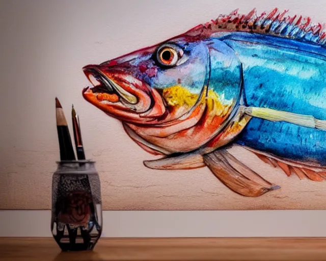 Image similar to an innocent and beautiful scene in hyper realistic style, watercolor and pen oily drawing on wood, of a smadar lomnitz painting a huge colorful fish on the wall, lighting from the barred window. shadows. 4 k. wide angle. wild mood. red mouth, blue eyes. deep focus, lovely scene. ambient occlusion render. unreal engine.