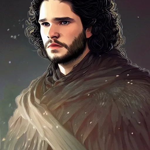 Prompt: jon snow in a dress, masculine, long hair, d & d, fantasy, joyful smirk, intricate, elegant, highly detailed, digital painting, artstation, concept art, matte, sharp focus, illustration, art by artgerm and greg rutkowski and alphonse mucha