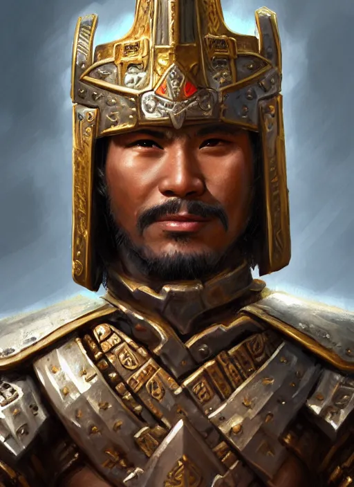 Image similar to smart breadtai warlord, closeup portrait, historical hero, ethnic group, tai costume, bronze headdress, intricate, with leather armor cross on chest, cotton textile, elegant, loin cloth, highly detailed, oil painting, artstation, concept art, matte, sharp focus, illustration, hearthstone, art by earl norem