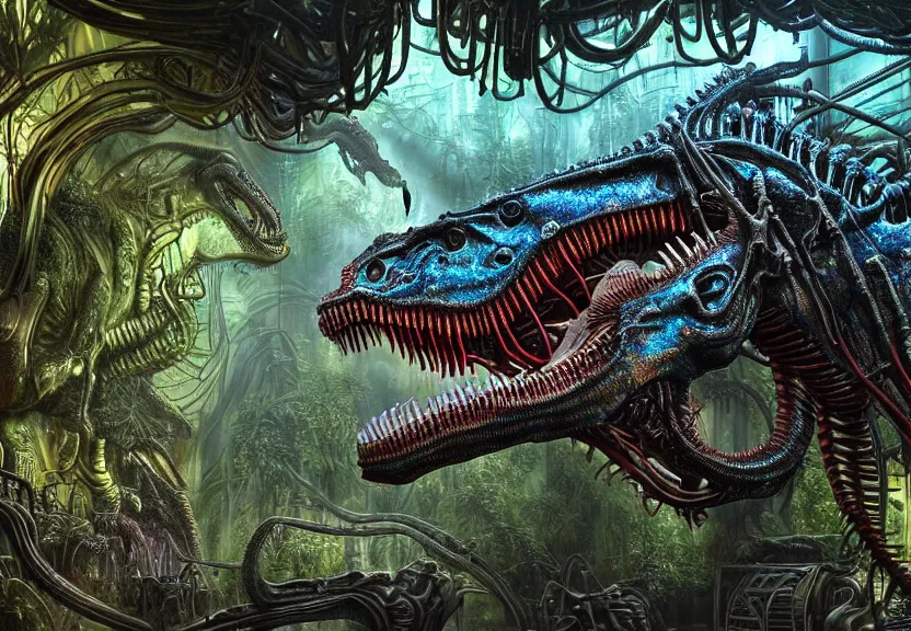 Prompt: extremely detailed. full body pictures of a iridescent cybernetic tyrannosaurus rex engine. dripping lots of colorful slime. biomechanical giger ’ s xenomorph. the thing. detailed and intricate environment, wide angle, hyperrealism, plants and jungle, detailed and intricate environment, reflective, dynamic lighting, rembrandt, 8 k