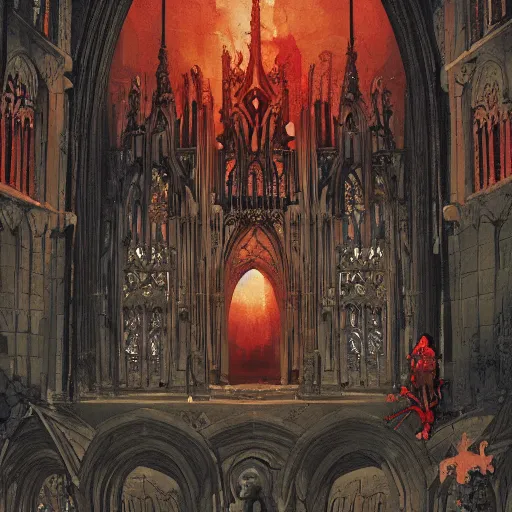 Image similar to doorway to hell in grand gothic cathedral, inner conflict, scarlet hue, tom lovell, painting, influences from mobius, ashley wood. otomo, akira, greg tocchini, mike mignola