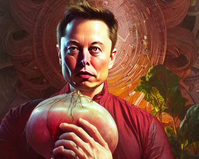 Image similar to elon musk as a beets, deep focus, d & d, fantasy, intricate, elegant, highly detailed, digital painting, artstation, concept art, matte, sharp, illustration, art by artgerm and greg rutkowski and alphonse mucha