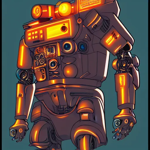 Image similar to cyberpunk robotic chris farley, sharp lines, digital, artstation, colored in