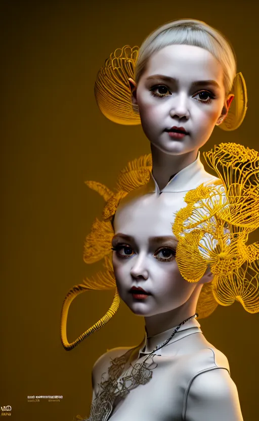 Image similar to intricate hyper detailed ultra sharp 3 d render of a beautiful porcelain doll portrait, medium shot portrait, bright light, alexandre ferra white mecha, cyberpunk mechanical haute couture flagella and fungi, magnolia goliath head ornaments, big embroidered leaves filigree sinuous roots, octane render, volumetric cinematic lighting, yellow, 8 k, vray tracing