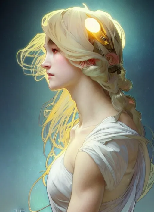 Prompt: digital character concept art by artgerm and greg rutkowski and alphonse mucha. clear portrait of a young wife blessed by god to uncontrollably become overwhelmingly perfect!! blonde, clothed! blatantly feminine holy body!! light effect. hyper detailed, glowing lights!! intricate, elegant, digital painting, artstation, smooth, sharp focus