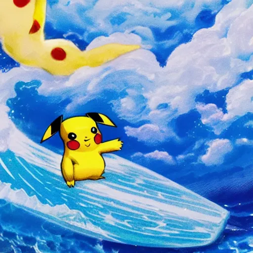 Prompt: Pikachu surfing blue crystalline waves