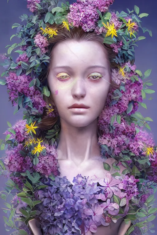 Image similar to a beautiful fine art RPG portrait photo of a robot female cyborg, spread out curly hair covered by hibiscus, daffodils, hydrangea, montsera leaves by tom bagshaw and zach sutton, golden ratio composition, soft studio lighting, soft vignette, 50mm lens, very detailed, bionic, cybernetic scifi, deep depth of field, artstation, 8K