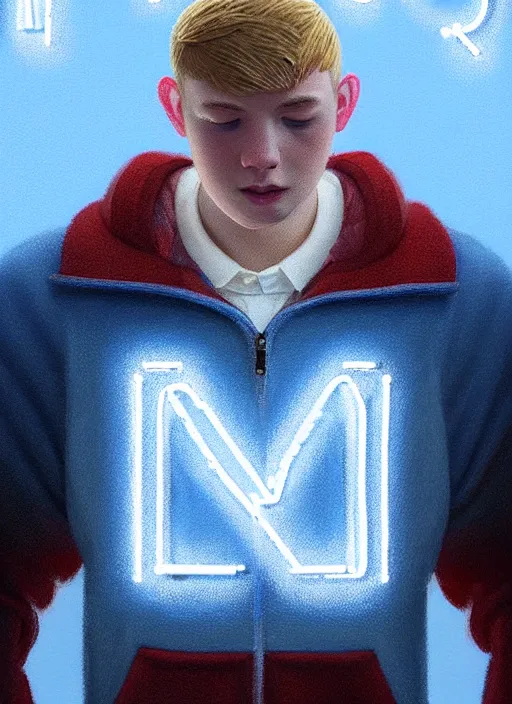 Image similar to portrait of high school senior boy named big moose, blonde short hair, jock, beefy, wide face, square jaw, square facial structure, blue varsity jacket with letter r, intricate, elegant, glowing lights, highly detailed, digital painting, artstation, concept art, sharp focus, illustration, art by wlop, mars ravelo and greg rutkowski