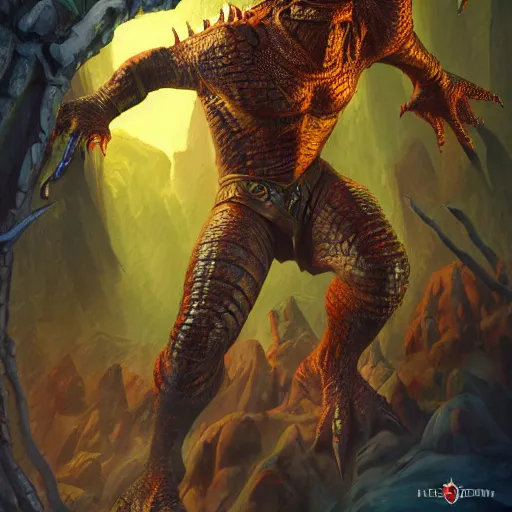 Image similar to bright, colorful, realistic, detailed from Elder Scrolls: shivering isles concept daedroth aligator man portrait backlighting, kodachrome, high contrast, highly detailed, sharp focus, digital painting, concept art, illustration, trending on artstation, comic book by Alex Ross and Adam Adamowicz cover art