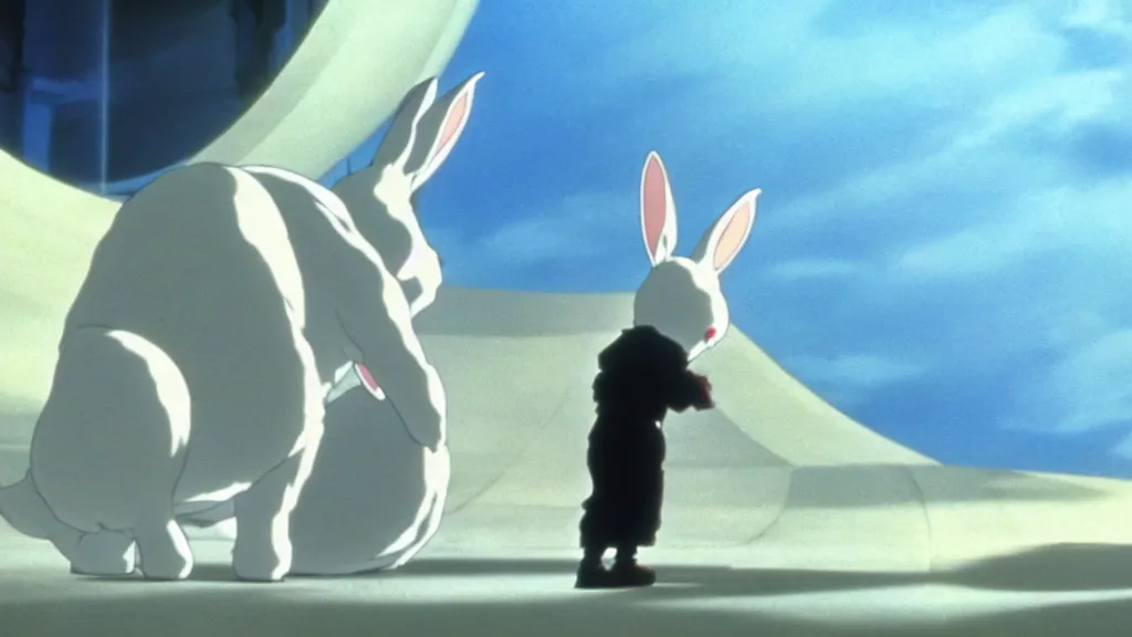 Prompt: a white rabbit waits in front of volumetric light, anime film still from the an anime directed by Katsuhiro Otomo with art direction by Salvador Dalí, wide lens