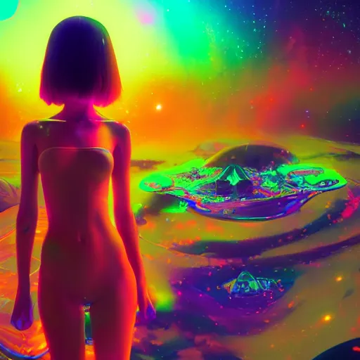 Image similar to psychedelic liquids space people, colorful, cinematic, by wlop, by ilyu kuvshinov, by greg rutkowski, by makoto shinkai, super detailed, unreal engine 5, octane render, vfx, houdini, 8 k, super realistic