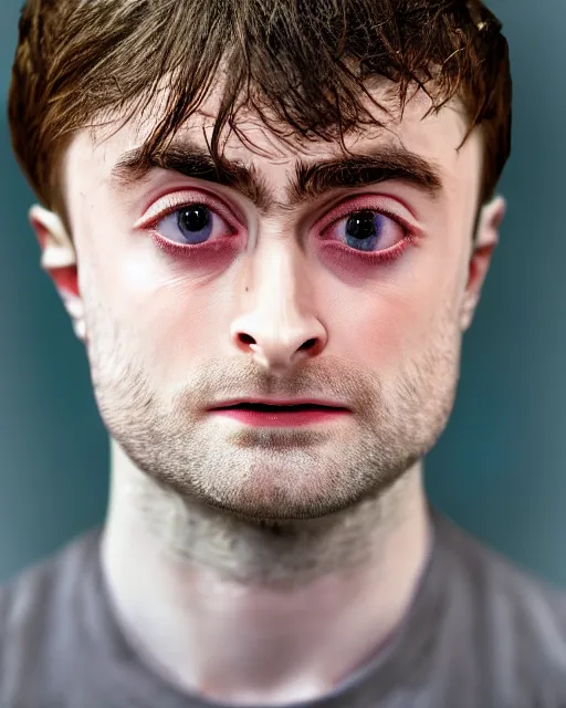 Prompt: prison mugshot of daniel radcliffe with protruding bulging eyes, bright flash, guinness book of world records, low saturation, crazy facial expression, rugged textured face, soft vignette, soft focus, 5 0 mm, 4 k, nypd