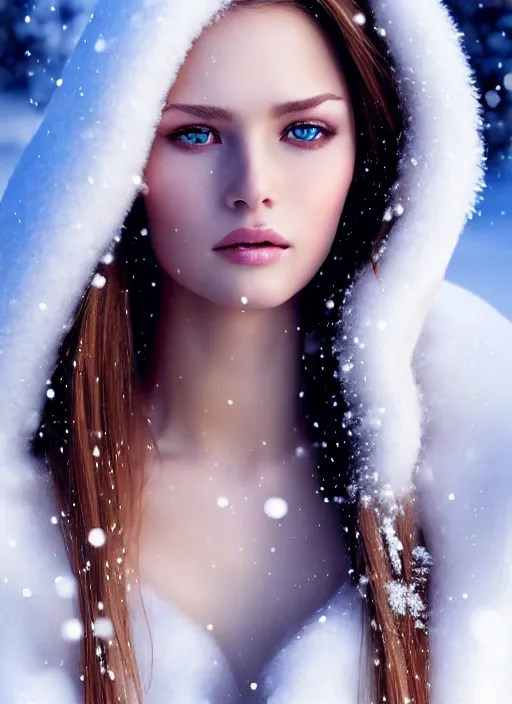 Image similar to a gorgeous female photo, professionally retouched, soft lighting, realistic, smooth face, full body shot, torso, dress, perfect eyes, wide angle, sharp focus on eyes, 8 k high definition, insanely detailed, intricate, elegant, art by marc hill and artgerm and johannes wessermark, snowy winter