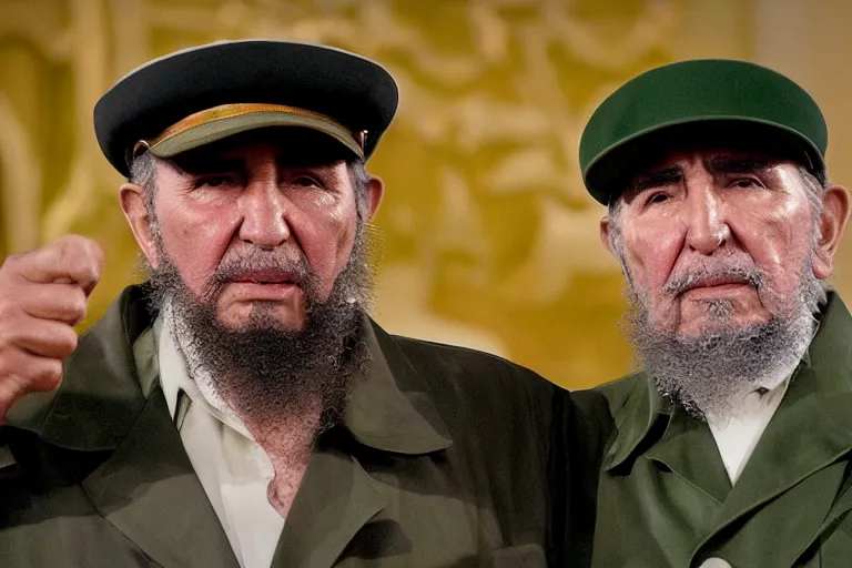 Prompt: Fidel Castro oscar acceptance speech, movie still frame, promotional image, imax 70 mm footage, oscar nominated cinematography, volumetric lighting, 8k resolution