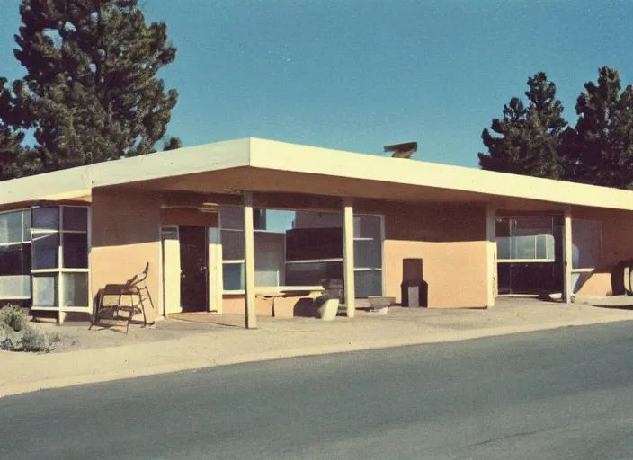 Image similar to a midcentury modern motel in santa fe new mexico in the year 1 9 6 7