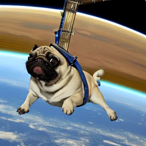 Prompt: pugs flying in space