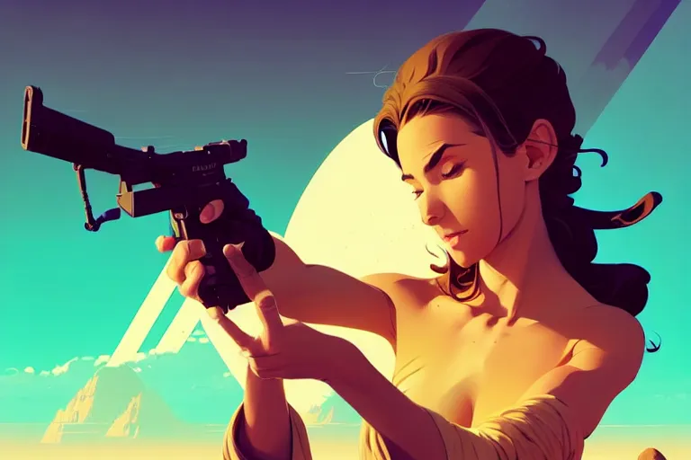 Image similar to smooth weapon, desert - colors, centered median photoshop filter cutout vector behance hd by artgerm, jesper ejsing, by rhads, makoto shinkai and lois van baarle, ilya kuvshinov, rossdraws, illustration, art by ilya kuvshinov and gustav klimt