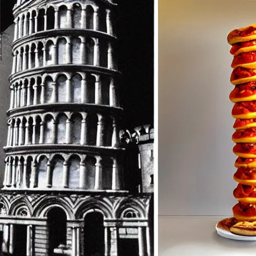 Image similar to a pizza made to look like the leaning tower of pisa