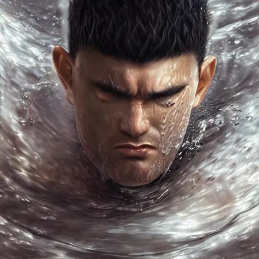 Image similar to photorealistic shockingly amazing portrait of guts from berserk submerged in water ,extremely detailed, made by wlop and maxwell boas