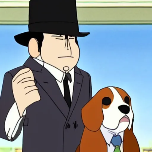 Image similar to a beagle wearing a business suit and fedora, studio ghibli