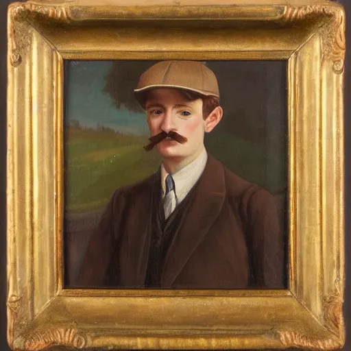 Image similar to portrait of a british young man in a flat cap, a small mustache, and a nice brown suit, oil painting