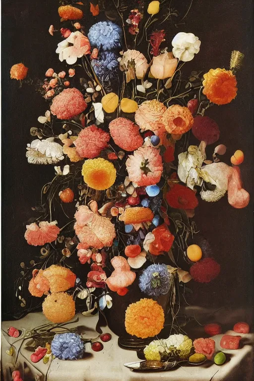 Image similar to still life of a bouquet of flowers, but the flowers are actually gummy bears and jelly beans, delicious rubbery translucent squishy sweets, soft light, highly detailed, close up, Northern Renaissance