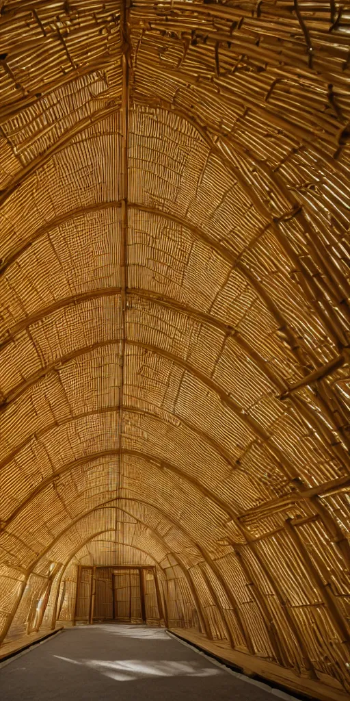 Prompt: inside small pavilion made of bamboo. complex curved vaulting structure. a large crowd at a party. photocopy, 4 k, 8 k. volumetric lighting.