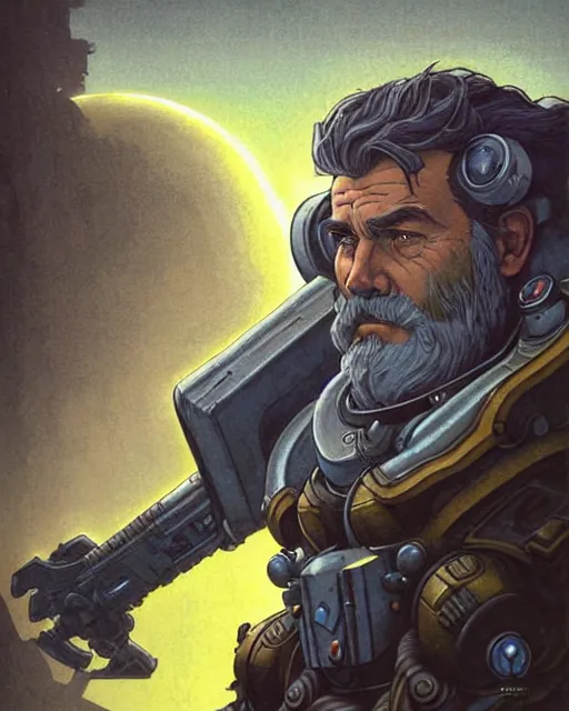 Image similar to reinhardt from overwatch, josh brolin, gray hair and beard, character portrait, portrait, close up, concept art, intricate details, highly detailed, vintage sci - fi poster, retro future, in the style of chris foss, rodger dean, moebius, michael whelan, and gustave dore
