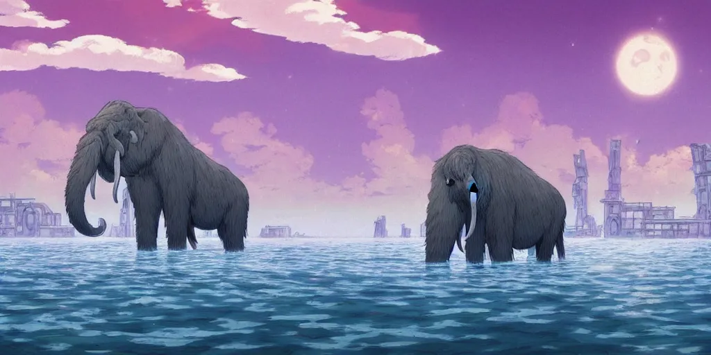 Image similar to a realistic cell - shaded studio ghibli concept art from paprika ( 2 0 0 6 ) of a giant wooly mammoth in a flooded futurist city on a misty starry night. very dull colors, wide shot, hd, 4 k, hq