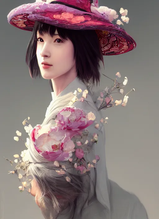 Prompt: a portrait of a female wearing a hat with sakura on top, hyper detailed, digital art, trending in artstation, cinematic lighting, studio quality, smooth render, unreal engine 5 rendered, octane rendered, art style by klimt and nixeu and ian sprigger and wlop and krenz cushart