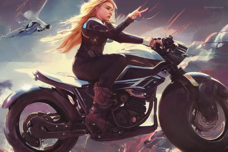 Prompt: chloe grace moretz is riding a motorbike, digital painting, artstation, the space background, concept art, by artgerm hyperdetailed trending on artstation trending on deviantart