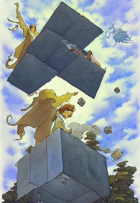 Image similar to a simple watercolor fantasy concept art of a giant sc - fi grey cube floating in the air. by studio ghibli, rebecca guay, michael kaluta, charles vess