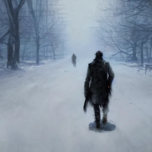 Image similar to a man walking in the snow in zombie apocalypse by greg rutkowski