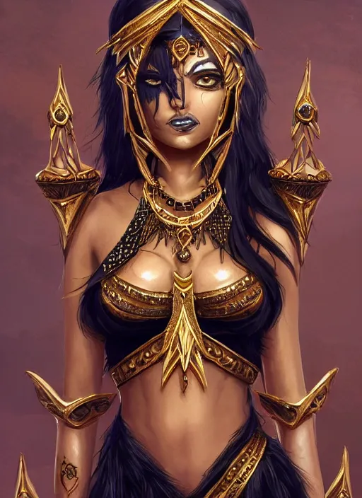 Image similar to a highly detailed illustration of tanned goddess ereshkigal wearing gold and black dress with skull jewelry, intricate, elegant, highly detailed, centered, digital painting, artstation, concept art, smooth, sharp focus, league of legends concept art, wlop