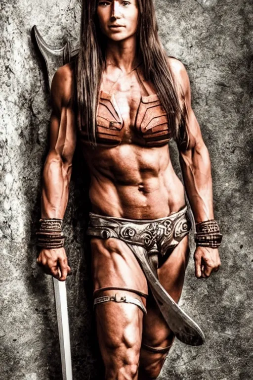 Prompt: full body portrait, thin muscular viking amazon warrior woman, 6 pack ab, symmetrical beautiful face, relaxed pose
