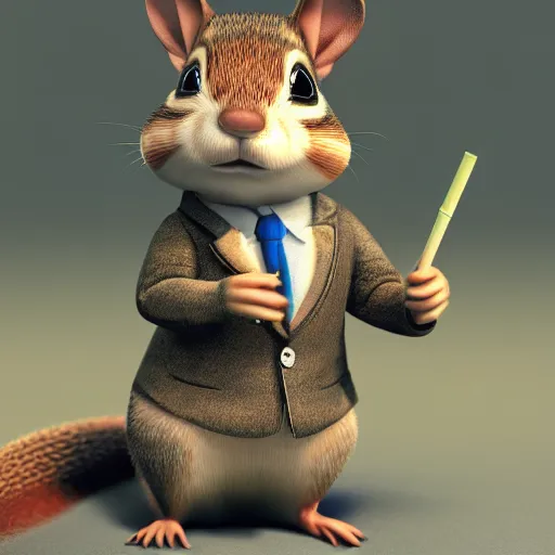 Prompt: a high quality photo of a chipmunk wearing a suit and smoking, render, ultra realistic, cgsociety