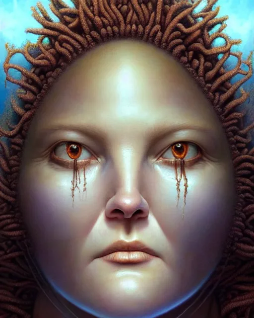 Prompt: detailed portrait of biopunk drew barrymore ( marshmallow string ) fractal ( chocolate ) ( graham cracker ) beautiful! by tomasz alen kopera and peter mohrbacher and johanna martine! and margaret keane! elegant alluring luminescent