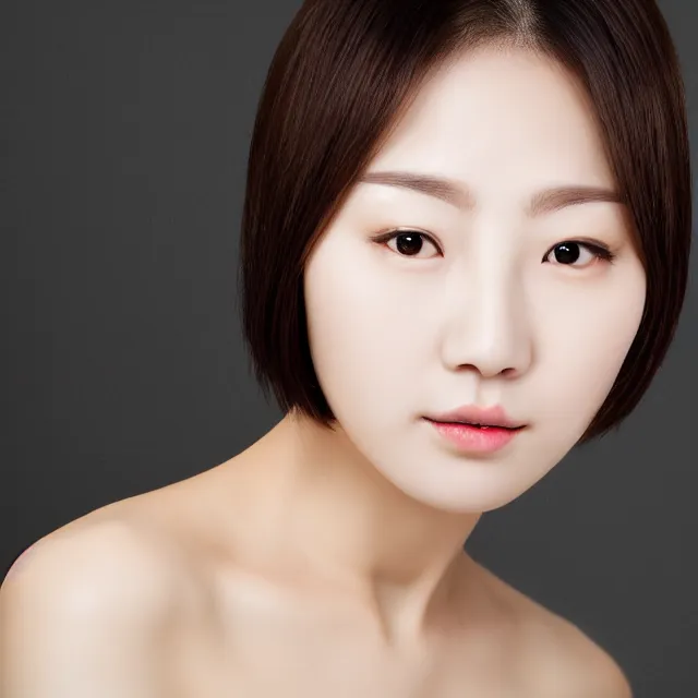 Image similar to photograph portrait bald korean japanese goddess of beauty neutral expression face straight on headshot even lighting no hair