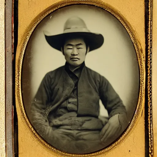 Image similar to Asian man with comically large cowboy hat daguerreotype