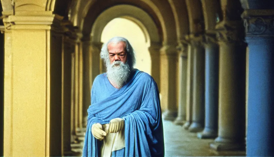 Prompt: 1 9 7 0 s movie still of old socrates in blue drapery in a washy yellow neoclassical corridor with collums next to a lake, cinestill 8 0 0 t 3 5 mm, high quality, heavy grain, high detail, panoramic, ultra wide lens, cinematic composition, dramatic light, anamorphic, piranesi style