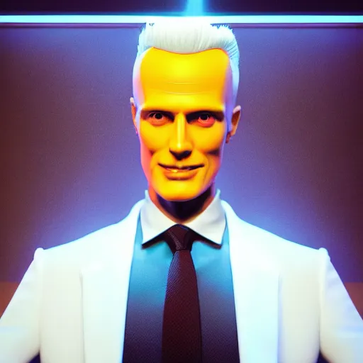 Image similar to a 3 d render of max headroom on tv, octane render, unreal engine, hyperrealism, 8 k, trending on artstation, ultra detailed, volumetric lighting, dramatic lighting, lasers, neon