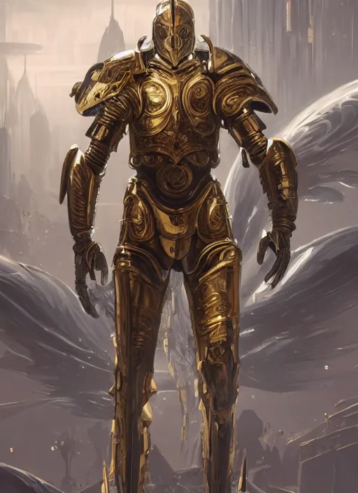 Prompt: knight with angel vibe in heavy gold and white armor, full body silhouette. dark water, tentacles, cyberpunk pearl armor, futuristic fantasy, highly detailed, digital painting, trending on artstation, concept art, sharp focus, illustration, art by artgerm and nixeu and greg rutkowski and magali villeneuve.