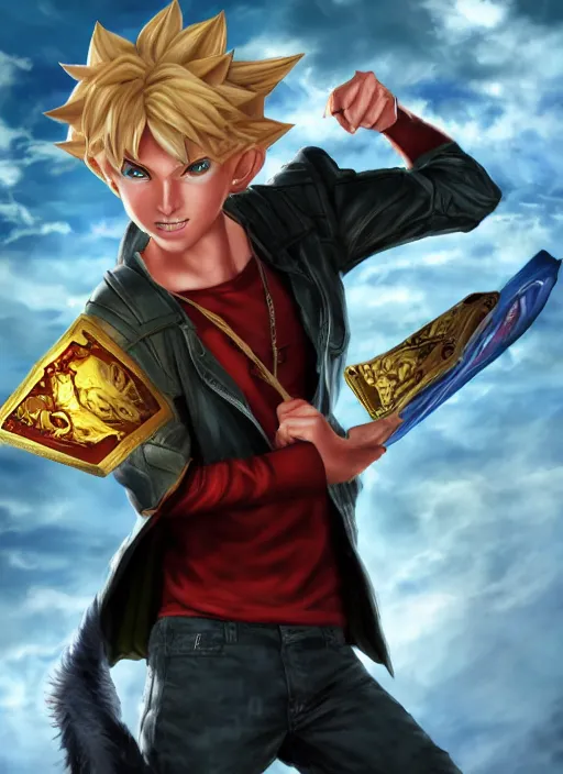 Prompt: An epic fantasy comic book style portrait painting of a young blonde boy thief, yu-gi-oh style, unreal 5, DAZ, hyperrealistic, octane render, cosplay, RPG portrait, dynamic lighting