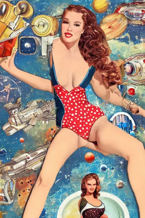 Image similar to vintage inspired, mixed media collage of a swimsuit model in space, full body, trending on art station, highly detailed, excellent composition