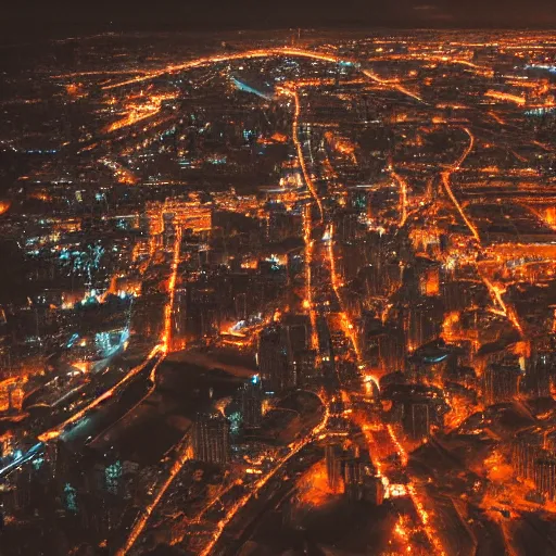 Prompt: City postsoviet area aerial view in neon light on a wide angle camera