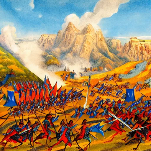 Image similar to colorful simple wideshot of a medieval battle in front of a beautiful blue mountainscape, painting